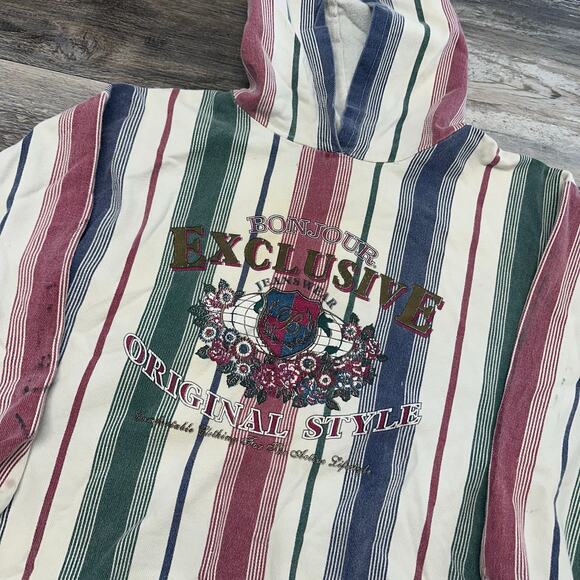 Vintage Bonjour Multicolor Women L Striped Spellout Logo Hoodie Pullover Classic - Picture 2 of 7